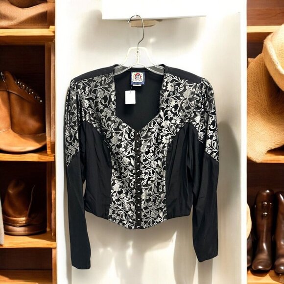 Vintage Roughrider Circle Black Long Sleeve Padded Hook Top Large Western Wear - Picture 2 of 5